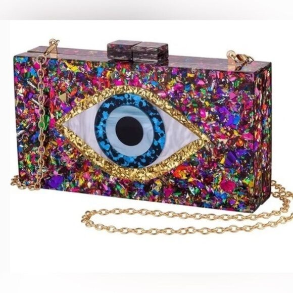 Evil Eye Acrylic Confetti Clutch Gold Chain Strap Handbag Multicolor Small - Picture 1 of 11